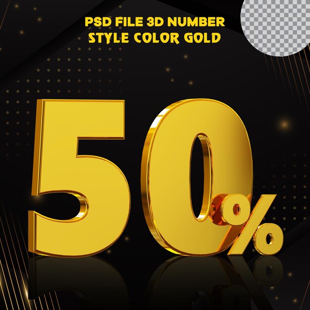 Número 50 por ciento colección de render 3D con color dorado