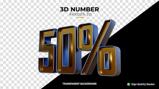 Número 50 por cento 3d azul e textura de ouro fino renderização realista