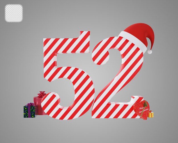 PSD número 52 con sombrero rojo de santa navidad ilustración 3d