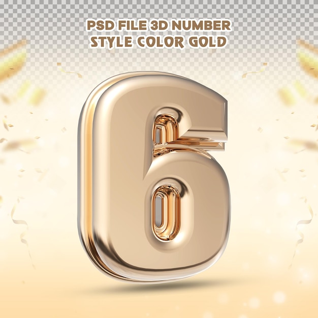 Número 6 colección de render 3d con color dorado