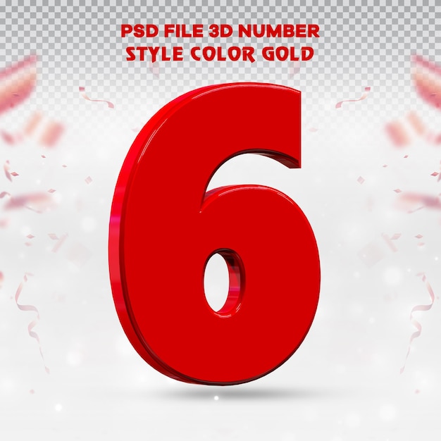 Número 6 colección de render 3d con color rojo