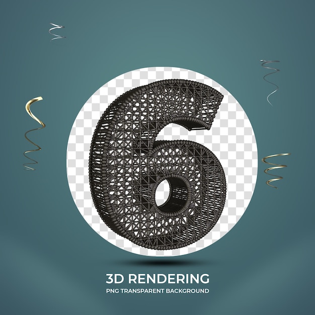 Número 6 con estructura de hierro textura 3d render fondo transparente