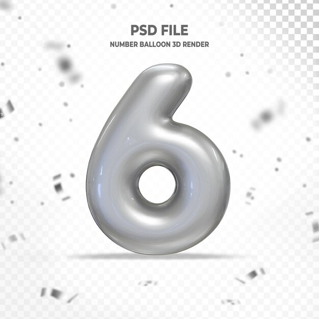 Número 6 Globo Plata Render 3D