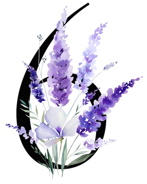 Número 6 negro con acuarela flores de lavanda púrpura ramo de flores de verano elemento floral de la boda