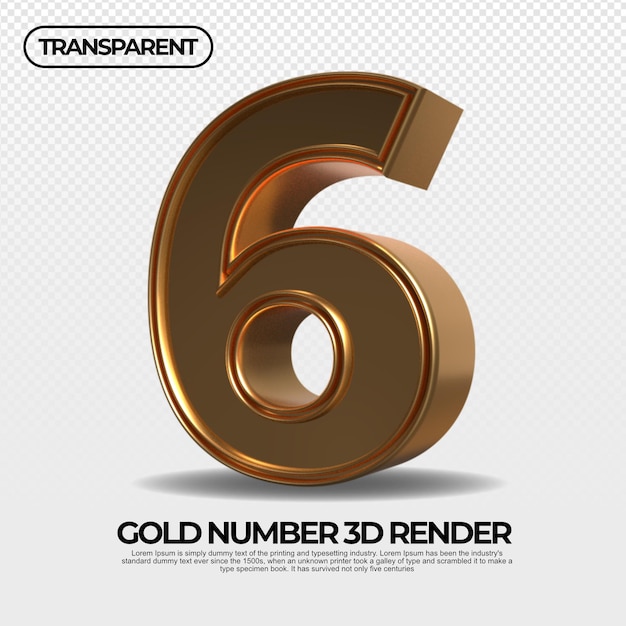 número 6 ouro transparente luxo 3d