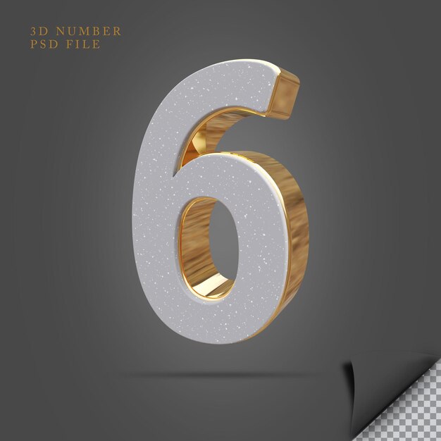 Número 6 piedra de render 3d con oro