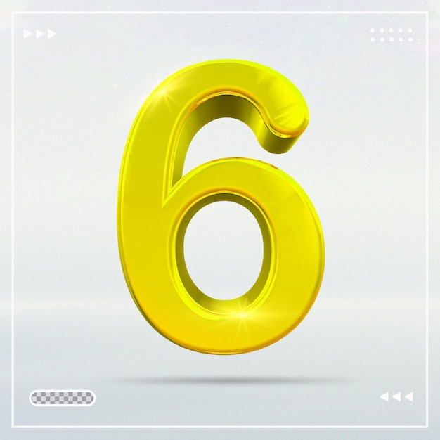 Número 6 representación 3d de lujo de oro