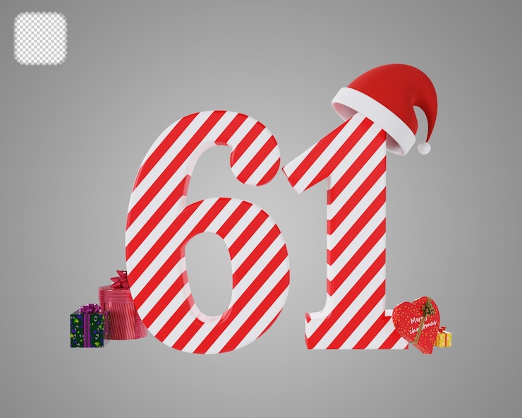 PSD número 61 con sombrero rojo de santa navidad ilustración 3d