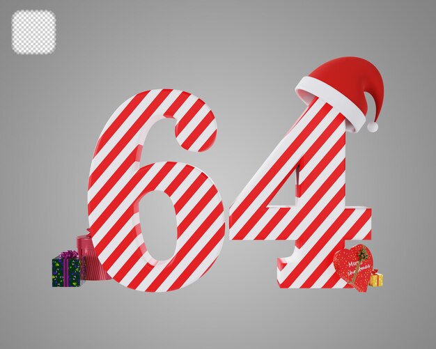 Número 64 con sombrero rojo de santa navidad ilustración 3d