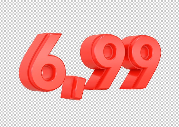 Numéro 699 symbole de prix du système monétaire rouge isolé sur fond blanc rendu 3D