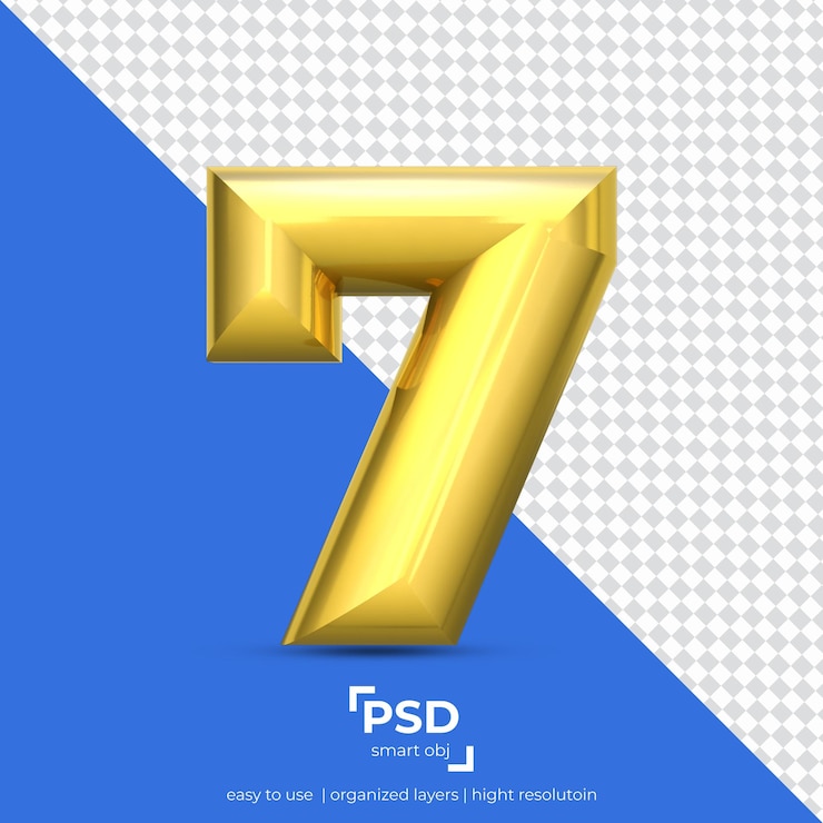 PSD número 7 en fuente brilliant 3d hecha de color dorado 3d realista