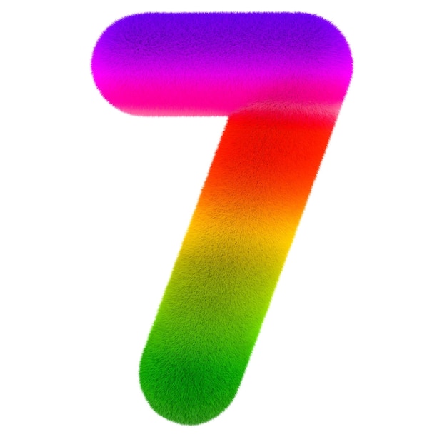 Número 7 Rendering 3D de fuentes coloridas y peludas aisladas sobre un fondo transparente
