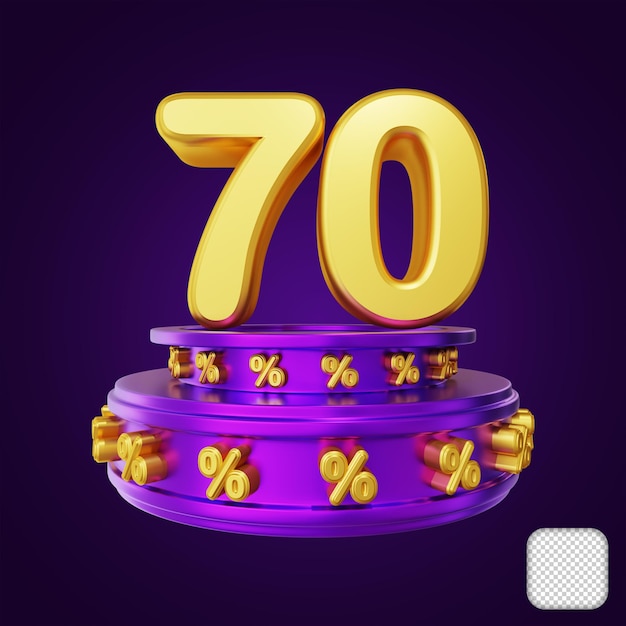 número 70, porcentaje, dorado, con, podio, 3d, ilustración