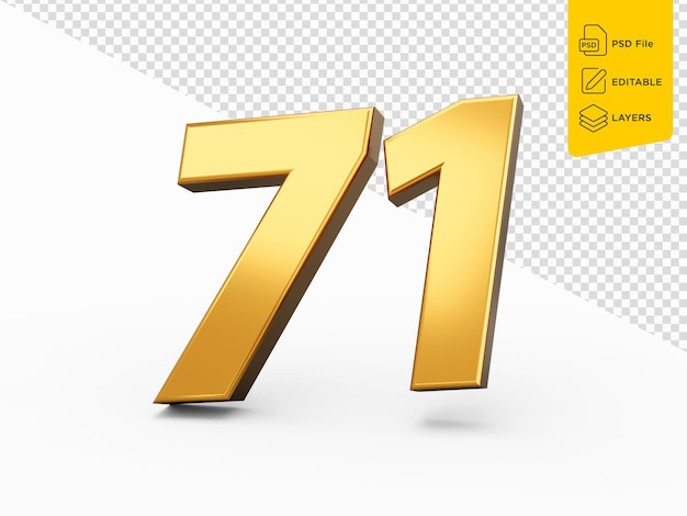 Número 71 de ouro em fundo isolado Número 3D brilhante feito de ilustração 3D de ouro