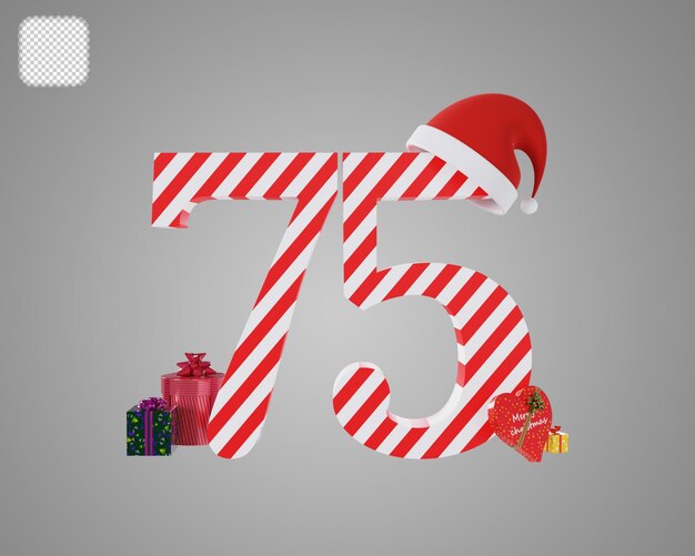 PSD numéro 75 avec illustration 3d de noël chapeau de père noël rouge