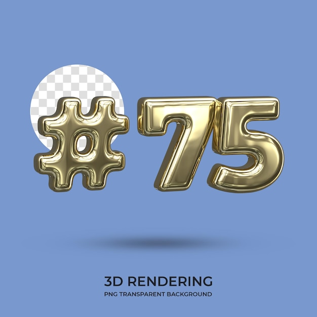 Número 75 Texto dorado Representación 3D fondo transparente