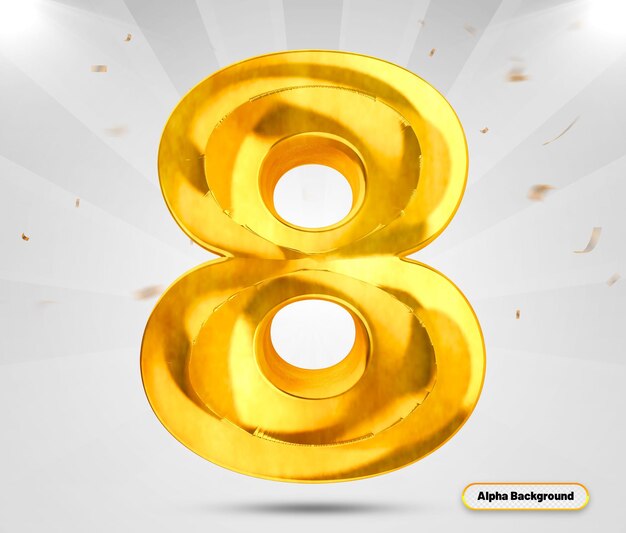 Número 8 3d render estilo lujo dorado