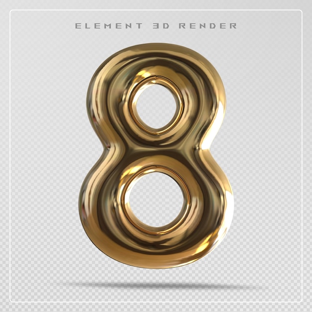 Número 8 burbuja de oro en 3D