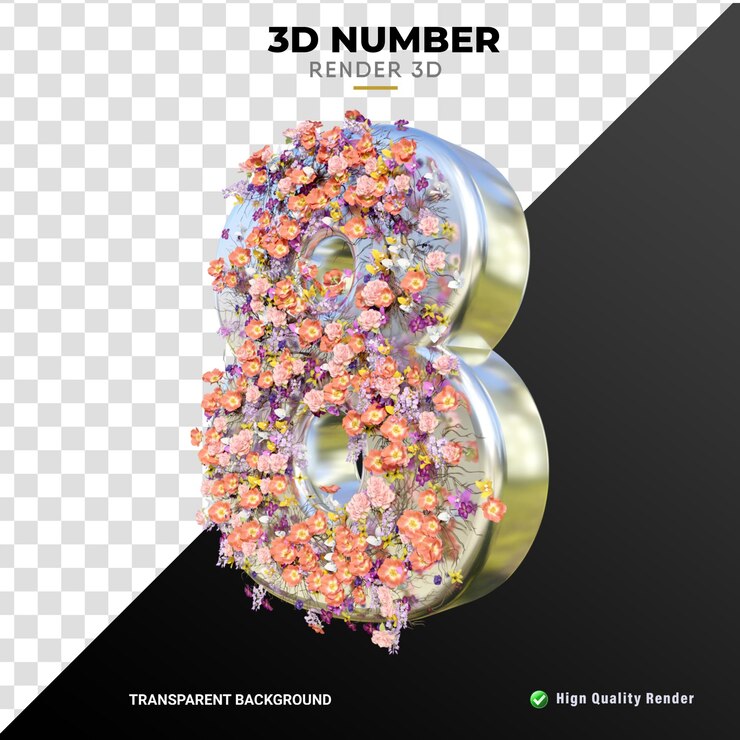 PSD número 8 edición de flores 3d renderizado realista de alta calidad