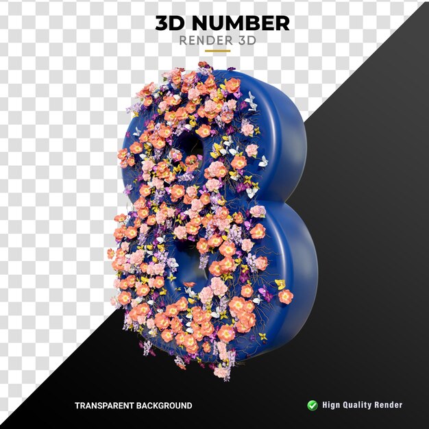 Número 8 edición de flores 3d renderizado realista de alta calidad