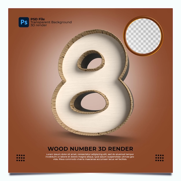 Número 8 estilo de madera de renderizado 3d con elementos