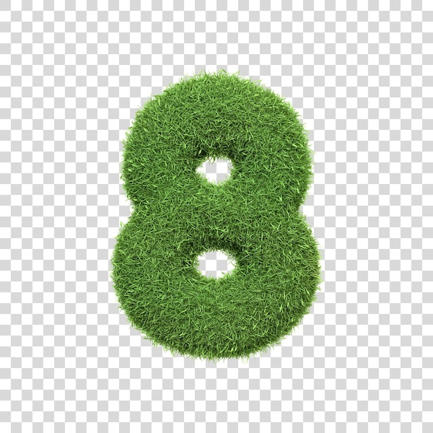 El número 8 en forma de densa hierba verde sobre un fondo blanco puro Número 8 Vista delantera