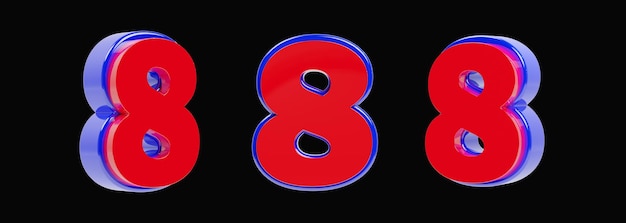 Numero 8 in colori rosso e blu in 3D in visualizzazione isometrica trasparente