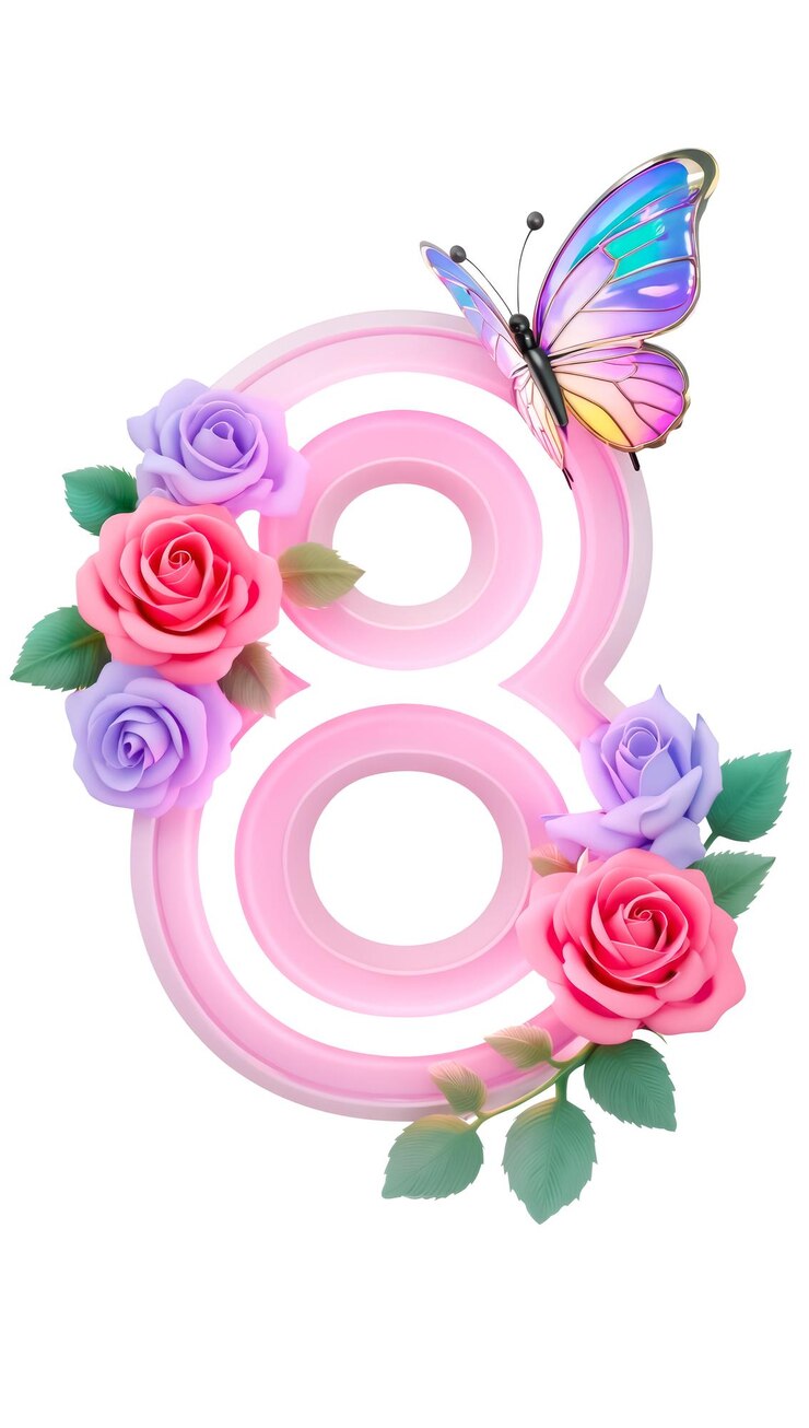 PSD el número 8 en rosa con flores y una mariposa como símbolo de la festividad del día internacional de la mujer