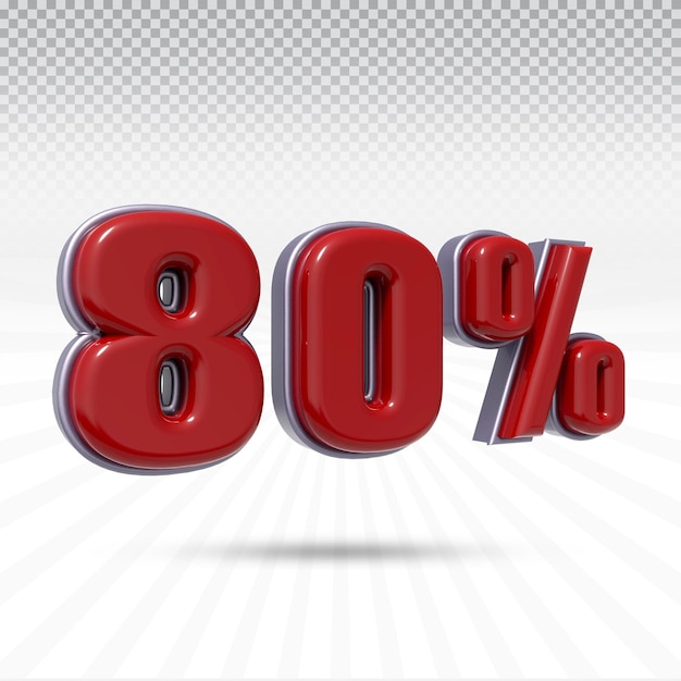 Número 80 por ciento colección de render 3D con color rojo a la izquierda