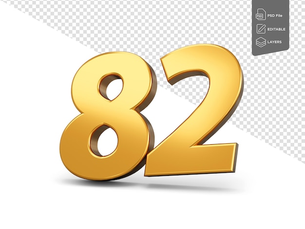 Número 82 de oro sobre fondo blanco brillante en 3D Número 82 hecho de oro en 3D Ilustración