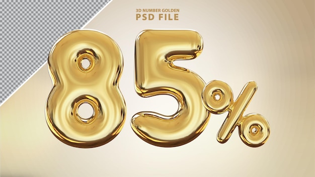Número 85 por ciento 3D render de lujo dorado