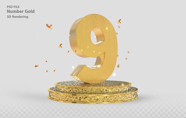 Número 9 3d con podio dorado