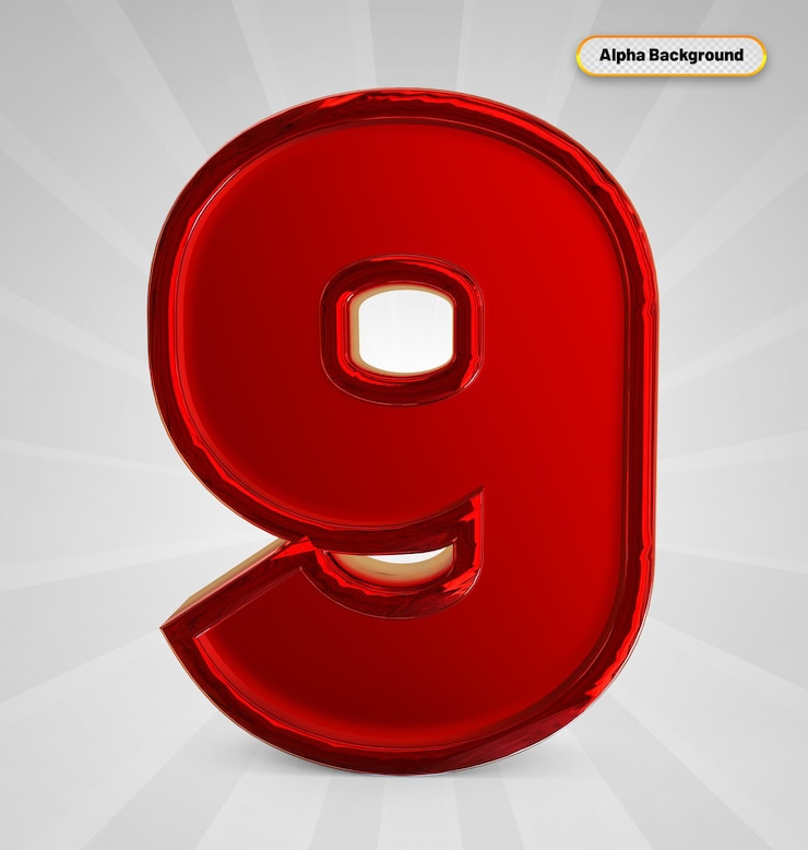 PSD número 9 3d render color rojo con elementos