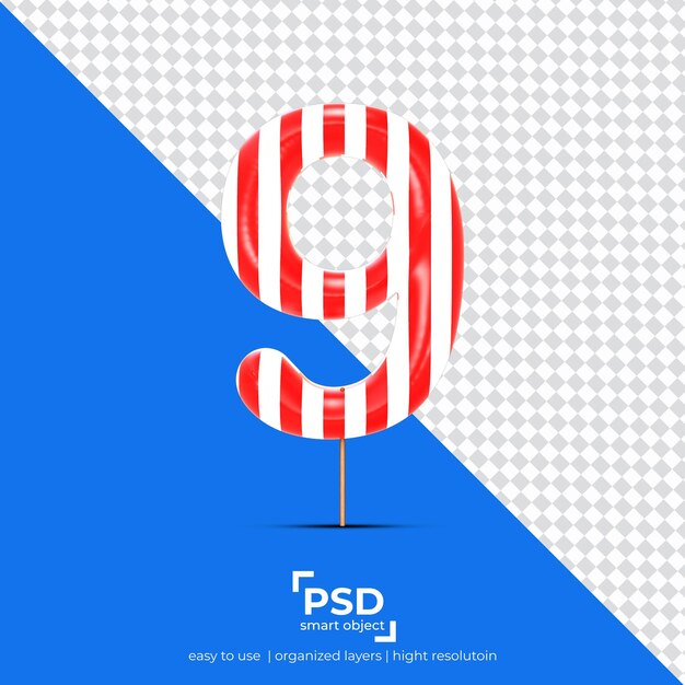 Número 9 Candy mejor fuente 3D hecha de forma realista sobre fondo aislado
