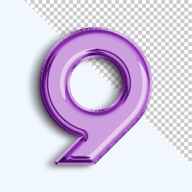 Número 9 Globo de lámina metálica renderizado en 3d sobre fondo transparente png