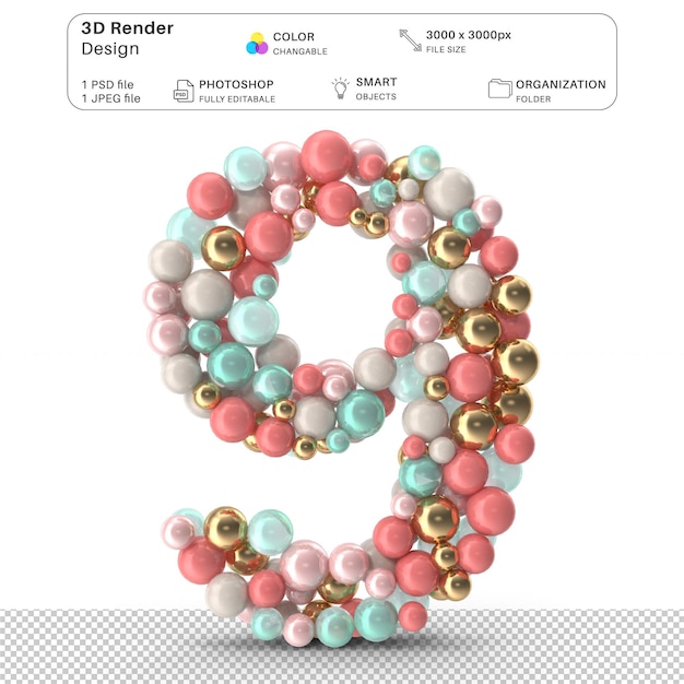 Numéro 9 Modélisation 3D Fichier PSD réaliste Numéro 9 fait de boules