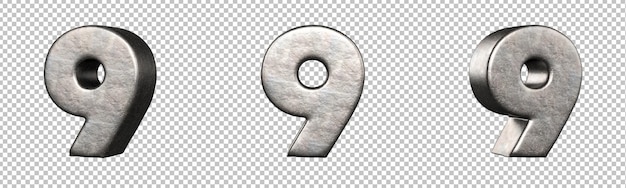 Número 9 (Nueve) de una colección de números de hierro rayados. Aislado. Representación 3D
