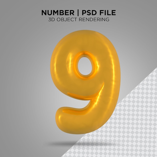 Número 9 nueve dorado 3d render PSD Premium