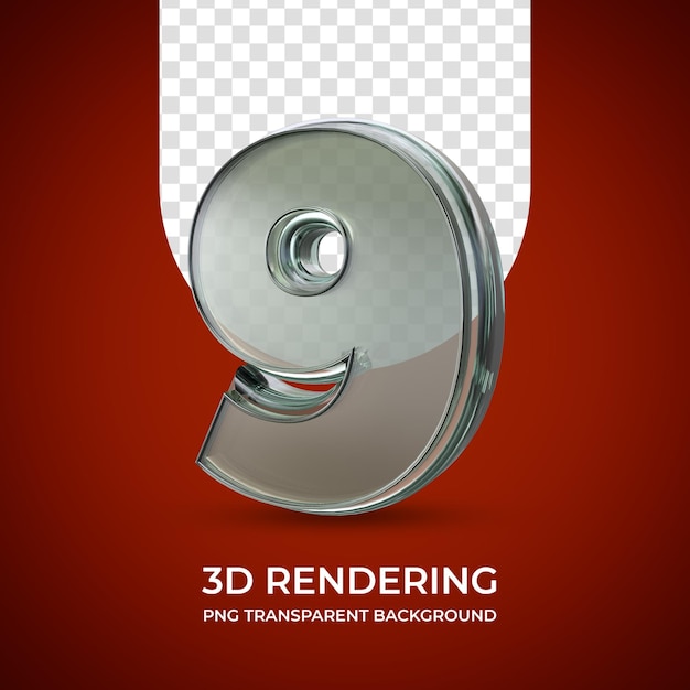 Numero 9 rendering 3d isolato sfondo trasparente Glass Style