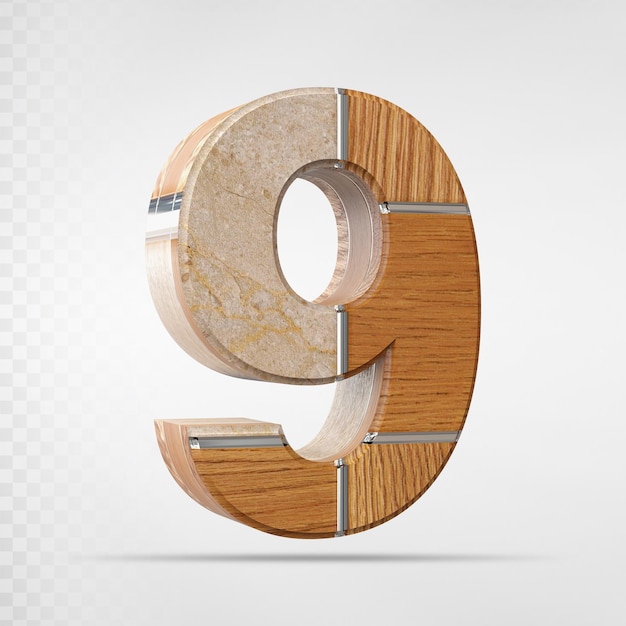 Número 9 con renderizado 3d de madera de estilo