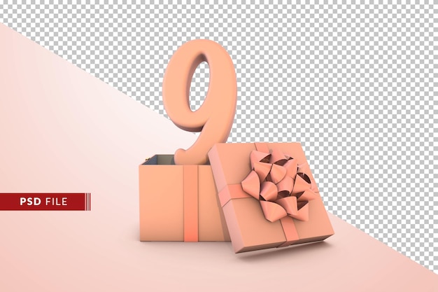 Numéro 9 rose pour joyeux anniversaire avec boîte cadeau rose 3d isolé