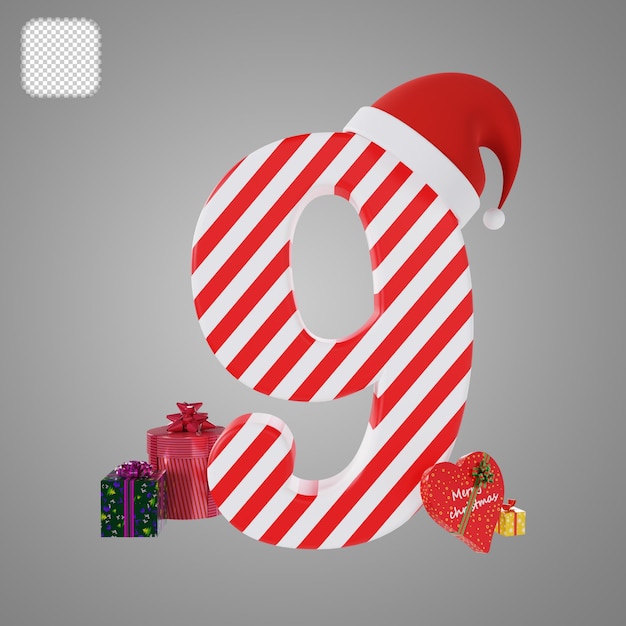 Número 9 con sombrero rojo de Santa Navidad ilustración 3d