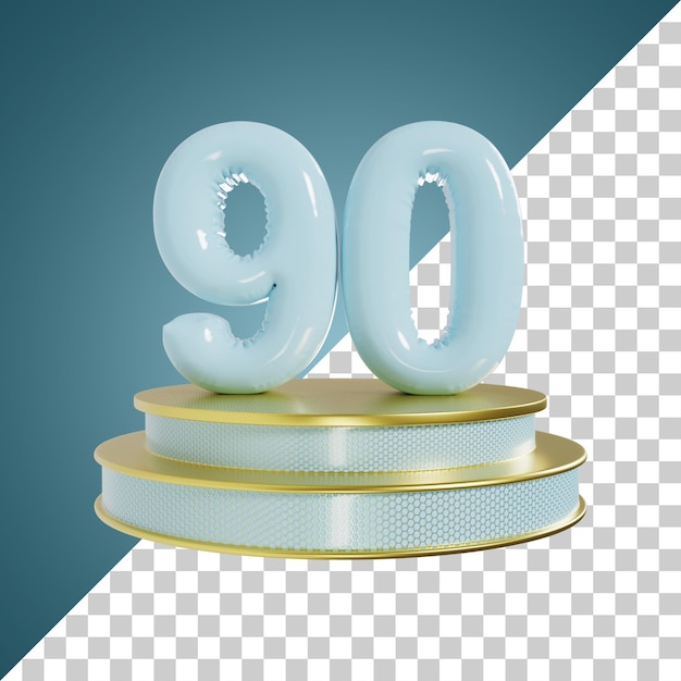 Número 90 Número brillante cian con ilustración 3d de podio