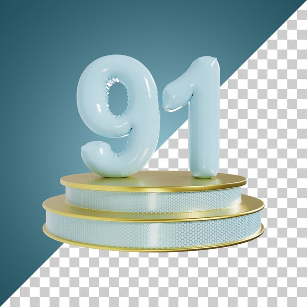 Número 91 Número brillante cian con ilustración 3d de podio