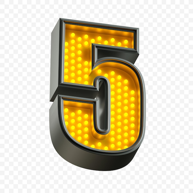 Numéro de l'alphabet néon lumineux 5 avec lumière jaune fluorescente isolée