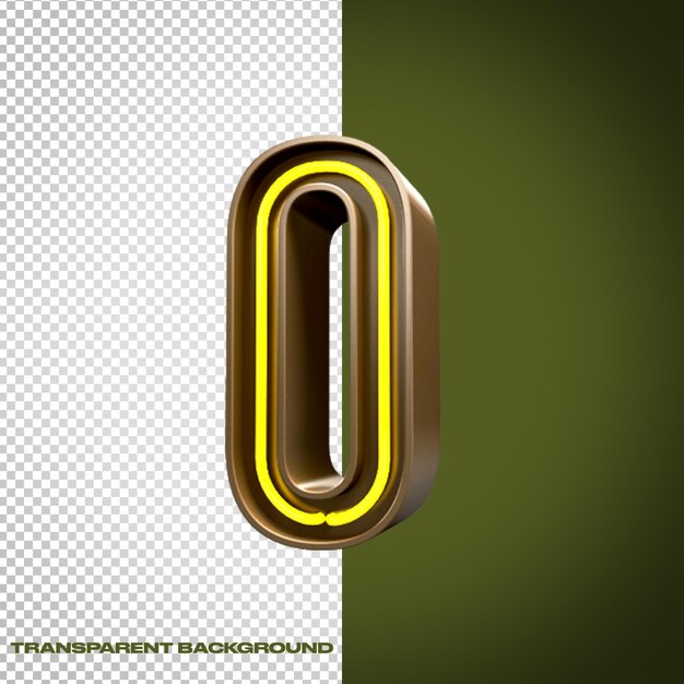 Número cero renderizado en 3D con iluminación de neón y acabado metálico dorado
