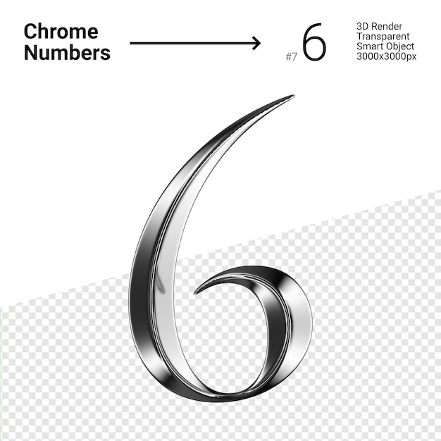 PSD numéro de chrome métallique 6 six isolé