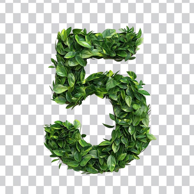 PSD número cinco hecho de hojas verdes que representan la naturaleza y la sostenibilidad