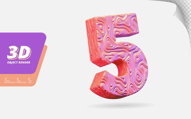 Número cinco, número 5 em renderização 3D isolado com ilustração abstrata topográfica de textura ondulada em ouro rosa