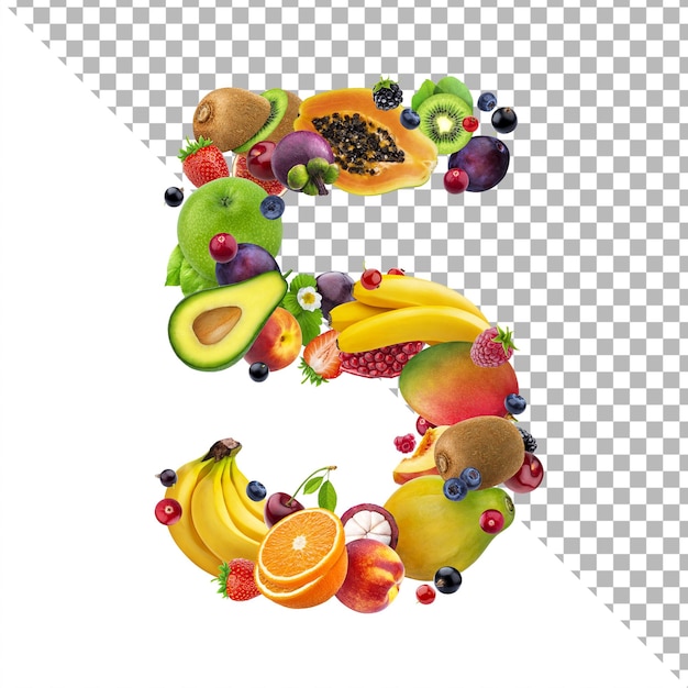 Numero cinque fatto di bacche e frutti esotici simbolo di carattere di cibo sano isolato su sfondo bianco